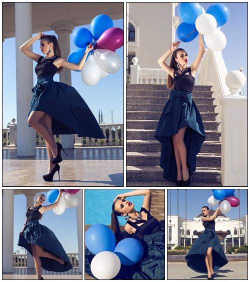 Beautiful elegant girl with colorful baloons - Stock Photo