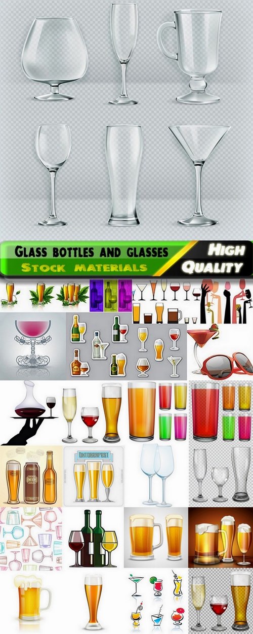Glass bottles and glasses and dishes in vector from stock - 25 Eps