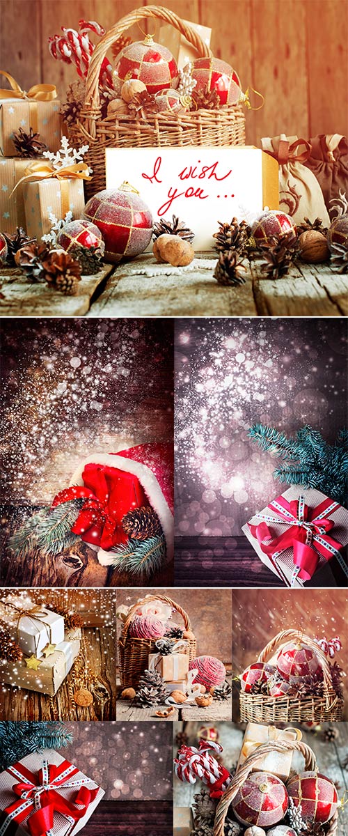Stock Photo Christmas Card with Gifts, boxes, christmas decorations and christmas pinecones