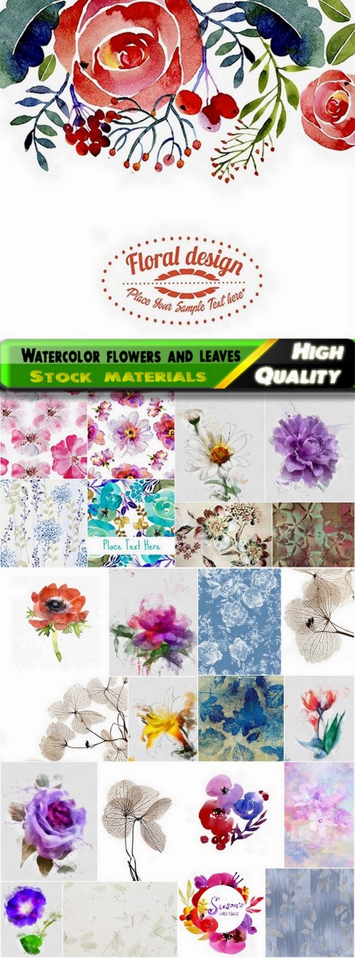 Watercolor flowers and leaves for wallpaper design - 25 HQ Jpg