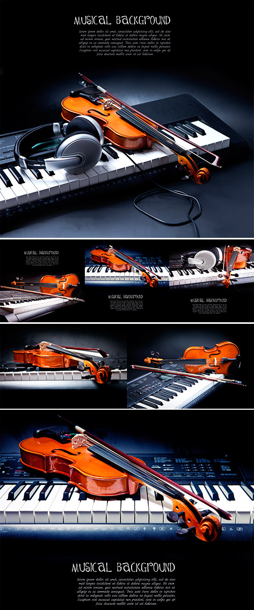 Stock Photo Violin, piano keys and headphones on black