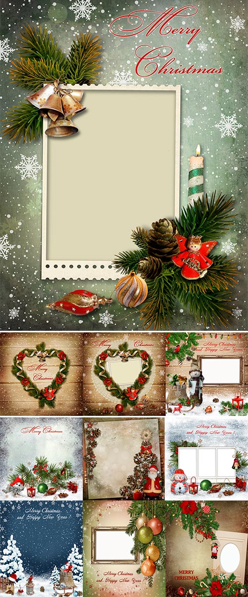 Stock Photo Christmas decoration with snowman, gift bag and the frame on a wooden background