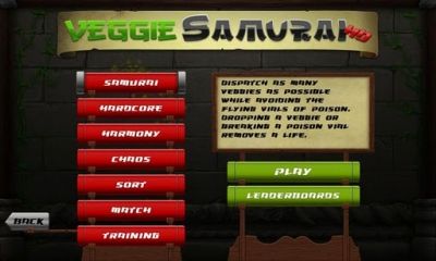 Captures d'écran du jeu Veggie Samurai sur Android, une tablette.
