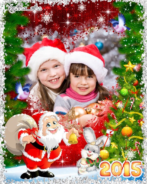 Новогодняя рамка на 2015 год - Санта Клаус и зайчик под Новогодней ёлкой