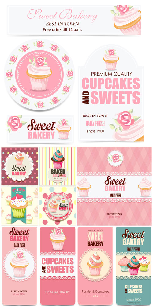 Cupcakes, labels and backgrounds vector