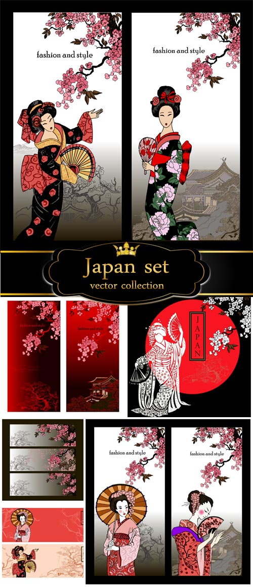 Geisha, japan, vector set 3