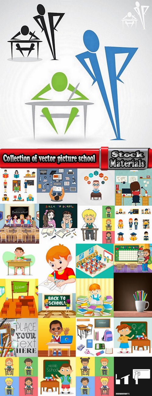 Collection of vector picture school supplies flyer poster banner stationery pencil line cartoon 25 EPS