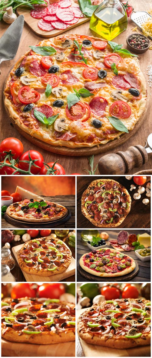 Pizza with tomatoes, olives and salami - Stock photo