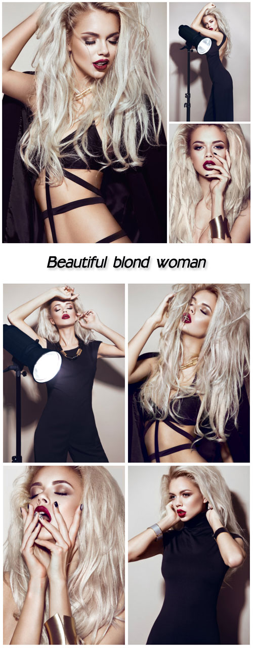 Beautiful blond woman in black sexy dress