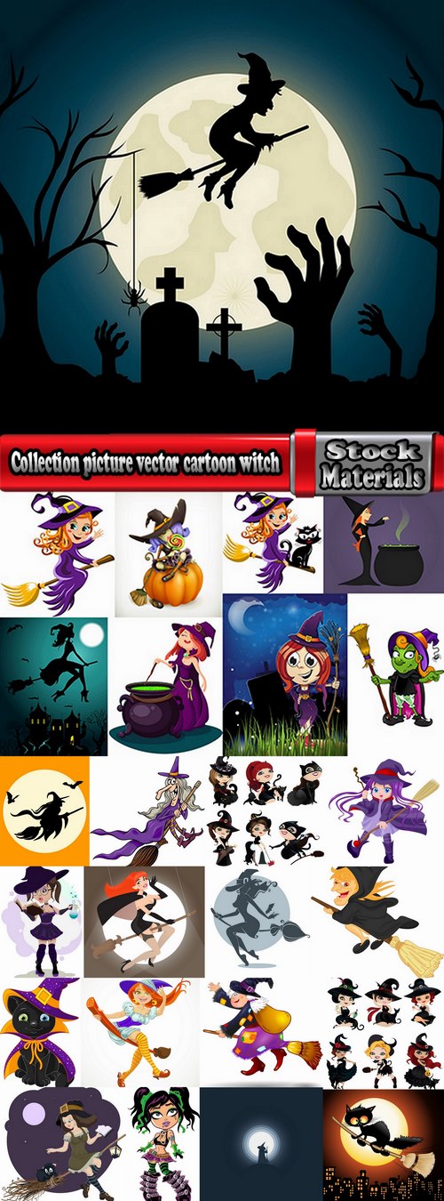 Collection picture vector cartoon witch magic sorceress 25 EPS