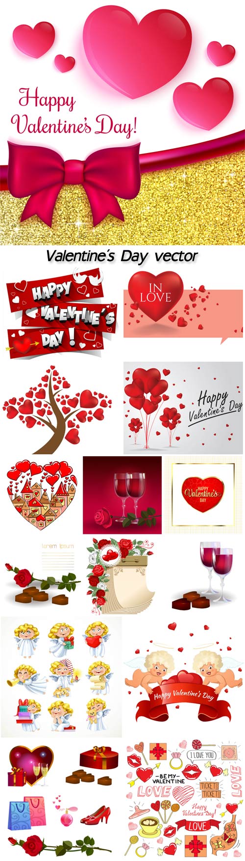 Valentine's Day vector, flowers, hearts, cupids