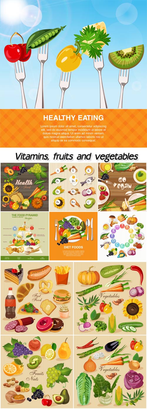 Vitamins, fruits and vegetables vector, food