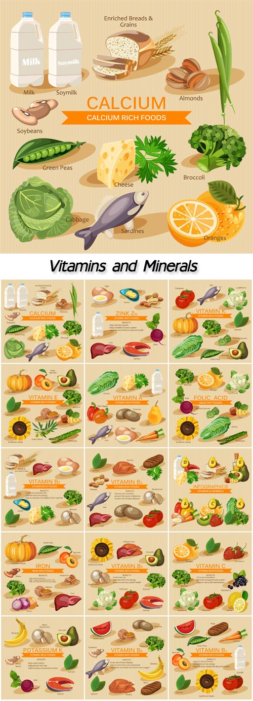 Vitamins and minerals, foods illustration