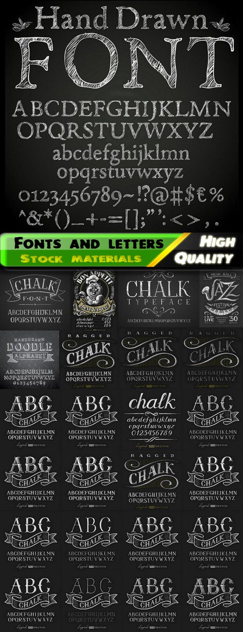 Fonts and letters in style of drawing with chalk - 25 Eps